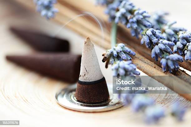 Half Burned Incense Cone On Metal Circle With Lavender Stock Photo - Download Image Now