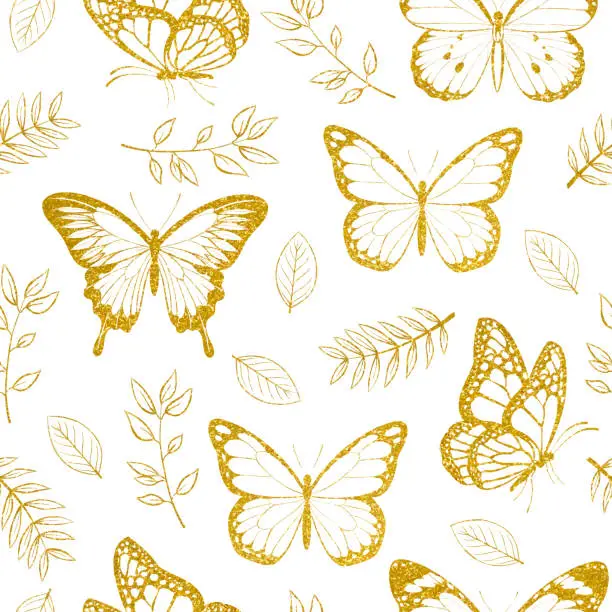 Vector illustration of Gold Monarch Butterflies and Leaves Seamless Pattern with White Background. Design Element for Greeting and Invitation Card Designs. Sparkling Butterfly with Gold Texture.