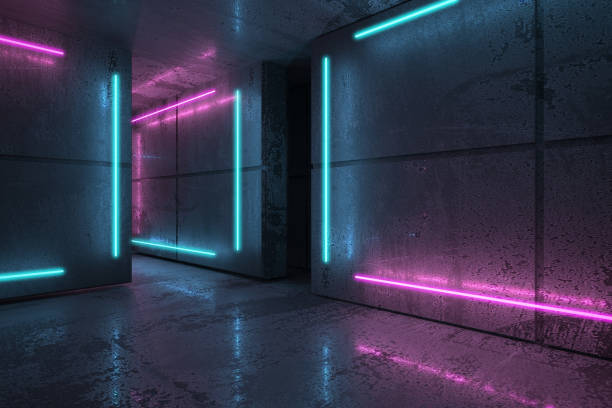 istock Neon and blue neon beams in dark room 1553120332