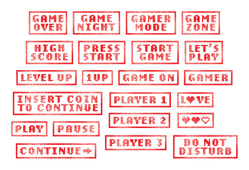 Set of retro arcade video games rubber stamps (Game Over, Game Night, High Score, Level Up, Gamer, etc.). Vector illustration isolated on a white background.
