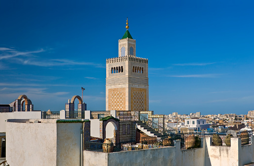 Tunisia. Tunis - old town (medina) seen from roof top of Palais d'Orient. There is minaret Zitouna Mosque in the middle