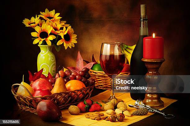 Wine Fruit And Nuts Still Life Stock Photo - Download Image Now - Alcohol - Drink, Almond, Apple - Fruit