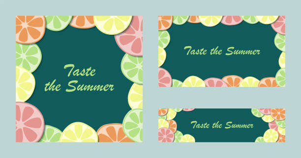 ilustrações, clipart, desenhos animados e ícones de fundo editável de frutas cítricas com toranja, laranja, limão e limão. banners horizontais de verão coloridos brilhantes - grapefruit backgrounds circle citrus fruit