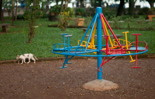 Empty merry go-round in the early morning with a walking cat taken in Fort Cochin,India  