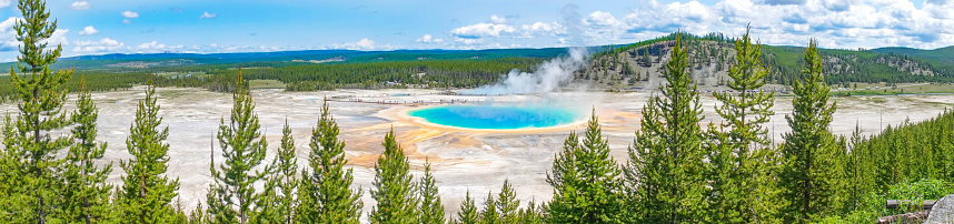 Grand Prismatic Spring at Midway Geyser Basin of Yellowstone National Park in Teton County, Wyoming