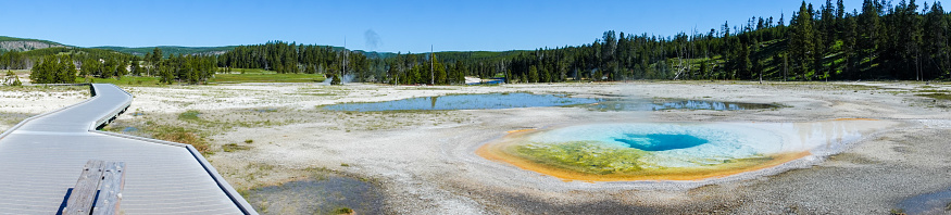 Chromatic Pool on Upper Geyser Basin at Yellowstone National Park, Wyoming. This is a hot spring connected to the nearby Beauty Pool.