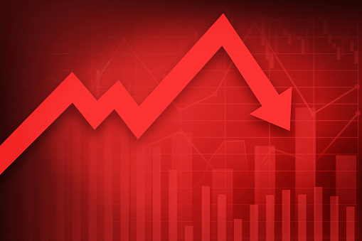 Illustration image of stock market down panic with big red arrow down, graph, chart and candlesticks for business and financial presentation and report background.