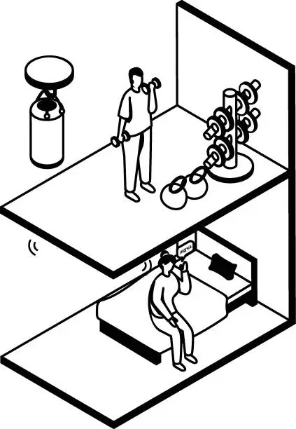 Vector illustration of Upstairs resident engaging in energetic workouts or exercises, causing disturbance to the occupants of the lower floor due to the noise from the dumbbells Vector Icon Design, neighbourhood conflicts