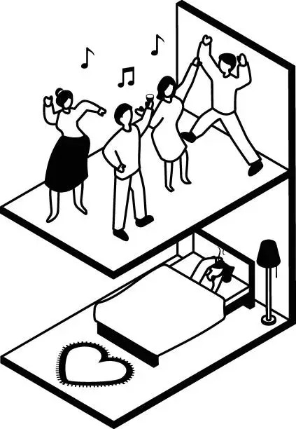 Vector illustration of Individuals reveling and celebrating loudly on the floor above Vector Icon Design, neighbourhood conflicts Stock illustration, Resounding footsteps from the upstairs neighbors isometric Concept