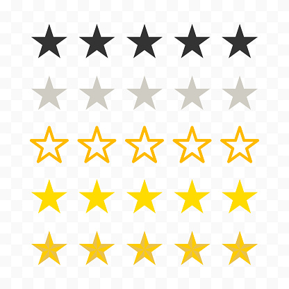 Set of different five star rating icons on transparent background. Easily editable line art.