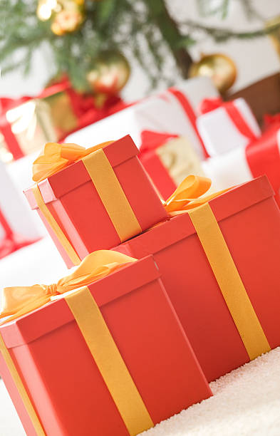 istock Red gift boxes with gold ribbon 155319344