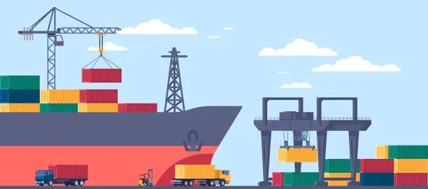 Vector illustration of Unloading of sea containers onto trucks at port from cargo ship. Freight terminal. Industrial equipment. Loader machinery. Hook lifting metal boxes. Transport loading. Vector concept