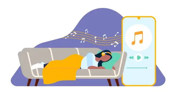 Vector illustration of Girl lying on couch listening to relaxing music for sleep. Smartphone application. Woman with headphones dreaming on sofa. Mobile player. Musical notes. Home relaxation. Vector concept