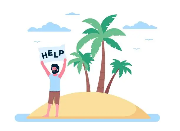 Vector illustration of Man asks for help on uninhabited desert island. Lonely shipwreck survivor. Standing male with SOS message. Tropical palm trees and marine sandy coast. Lost in ocean. Vector concept