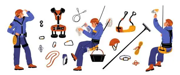 Vector illustration of Cartoon industrial climbing elements. High altitude work equipment. Cable and winch. People in uniform with helmets. Painter and window cleaner. Steeplejack tools. Garish vector set