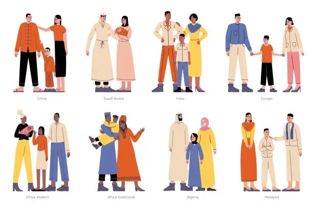 Vector illustration of Cartoon different nationalities families. Traditional dresses and costumes. Parents with children. Ethnic clothes. Mother and father standing with kids. National clothing vector set