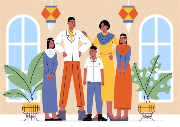Vector illustration of Traditional Indian family. Cartoon people in home room interior. Happy parents standing together with children. Ethnic wearing. Hindu dresses and costumes. National clothing. Vector concept