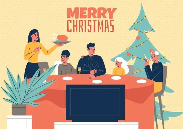 Vector illustration of People at Christmas dinner. Xmas party. Happy family watching TV at holiday table. Parents and kids gatherings. New Year waiting. Winter celebration. December tradition. Vector concept