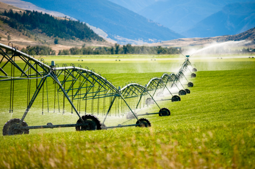 A large, wheeled irrigation system waters a rancher's crops along a western landscape.  