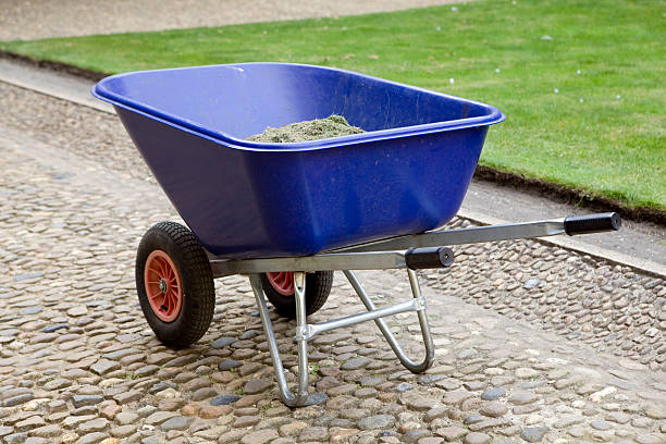 blue handbarrow in the garden stock photo