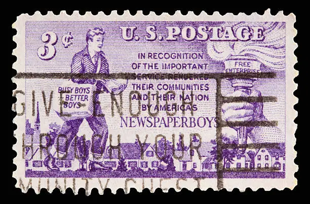 A 1952 issued 3 cent United States postage stamp showing Newspaper Boys.