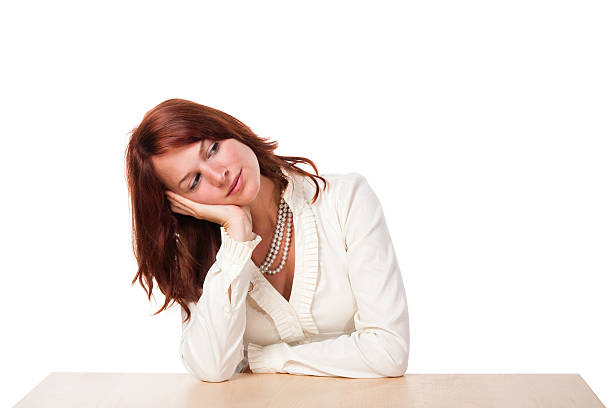 istock Bored and curious woman in beige shirt 155321323
