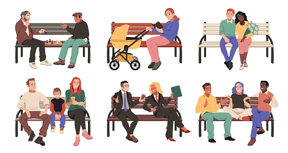 Persons sit on bench. Different people relaxing in park, outdoor wooden seating, chess players, young mother with stroller, romantic couple, parents with child and businessmen, tidy vector cartoon set