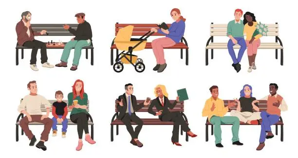 Vector illustration of Persons sit on bench. Different people relaxing in park, outdoor wooden seating, chess players, young mother with stroller, romantic couple, parents with child and businessmen, tidy vector set