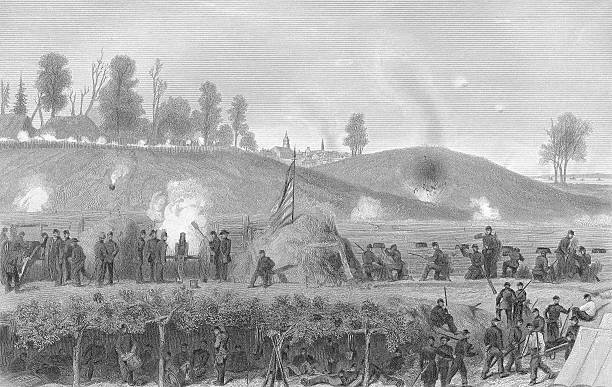 Siege of Vicksburg - 19th Century Engraving Civil War A beautiful engraving from 1877.  This is an engraving of the siege of Vicksburg by Grant and the Union Army of the Tennessee.  Public domain. Photo M. Poe high resolution, 600dpi.   vicksburg stock illustrations