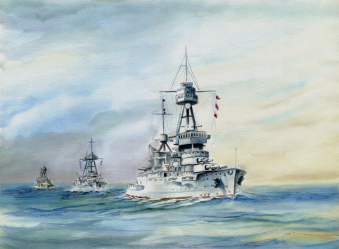 Watercolour painted on basis of archival photo. Represents USS Oklahoma, New York and Nevada during manoeuvres in 1932.Archival photography located under address: http://www.navsource.org/archives/01/013428.jpg  