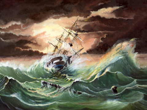 Caravel sailing the ocean during a storm