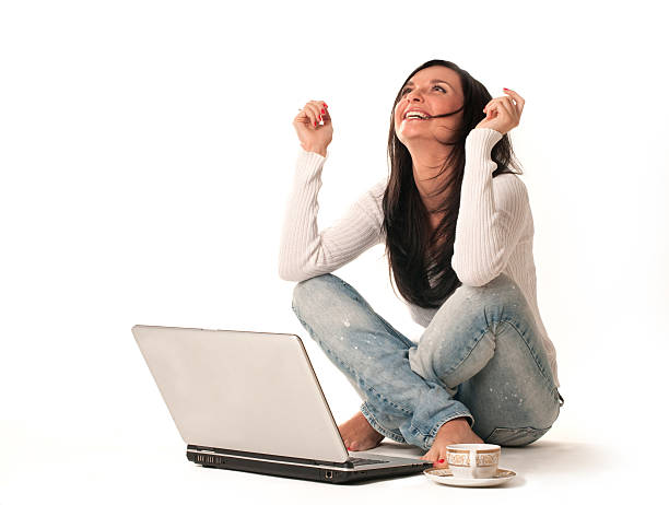 istock Pretty girl score success with a computer. 155321975
