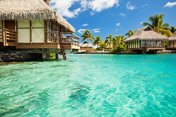 istock Over water bungalows with steps into amazing lagoon 155322600