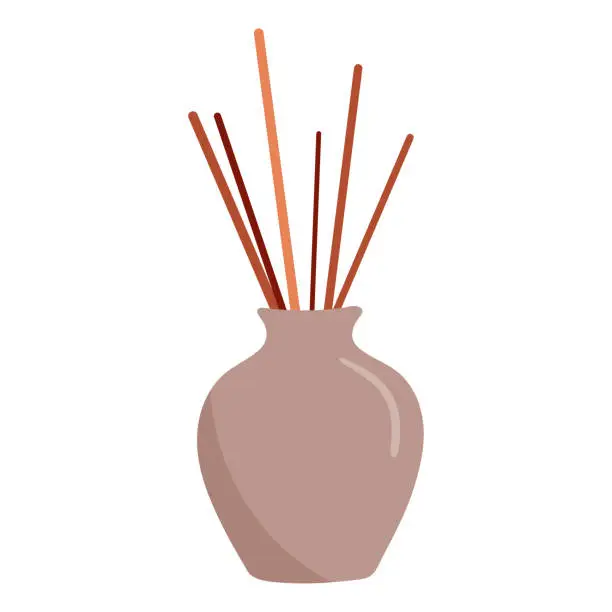 Vector illustration of Incense Sticks in pot. Vector cartoon illustration isolated on white.