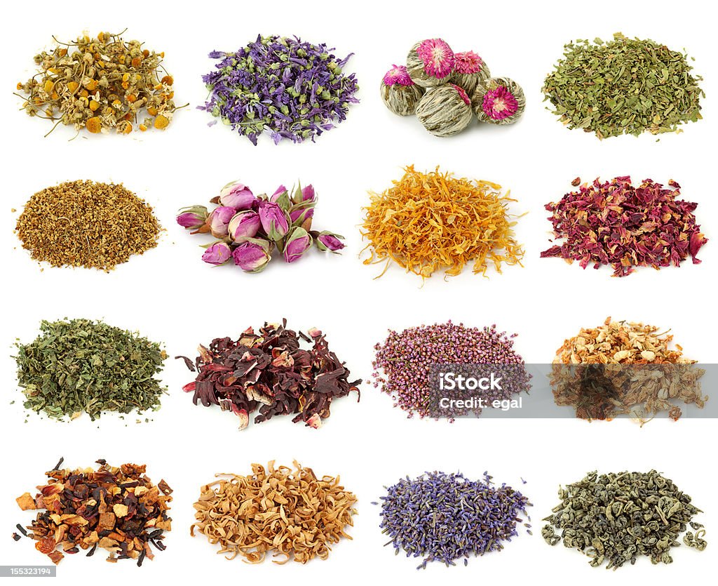 Dried flower and herbal tea Dried flower and herbal tea isolated on white background - chamomile tea, mallow flower tea,green ball tea, peppermint tea, elder flower tea, rosebud tea, marigold flower tea,  rose petal tea, nettle tea, hibiscus tea, heather blossom tea, jasmine tea, apple tea,  orange blossom tea, lavender tea, gunpowder tea.   Dry Stock Photo