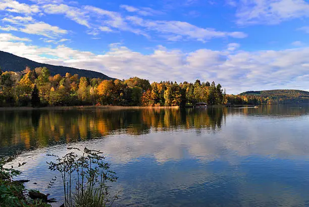 Tranquil autumn scene at lake Tegernsee in Upper Bavaria, Germany.  