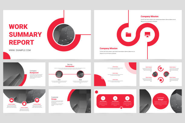 Red modern business work report slide presentation template Presentation template, company Info graphic elements for presentation template Annual report, written cover, brochure, layout, flyer layout template design 指出手勢 stock illustrations