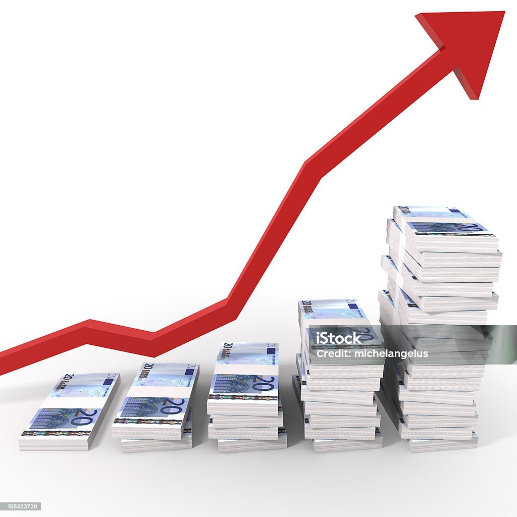 Euro Money Chart Raising Chart of 20 euro Stacks with a growing red arrow isolated on white with clipping path Arrow Symbol Stock Photo