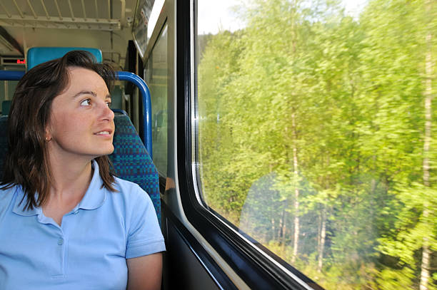 istock Young woman travelling by train 155323982