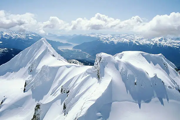 Aerial photo of Mount Garibaldi, Diamond Head with Howe Sound and Squamish British Columbia below