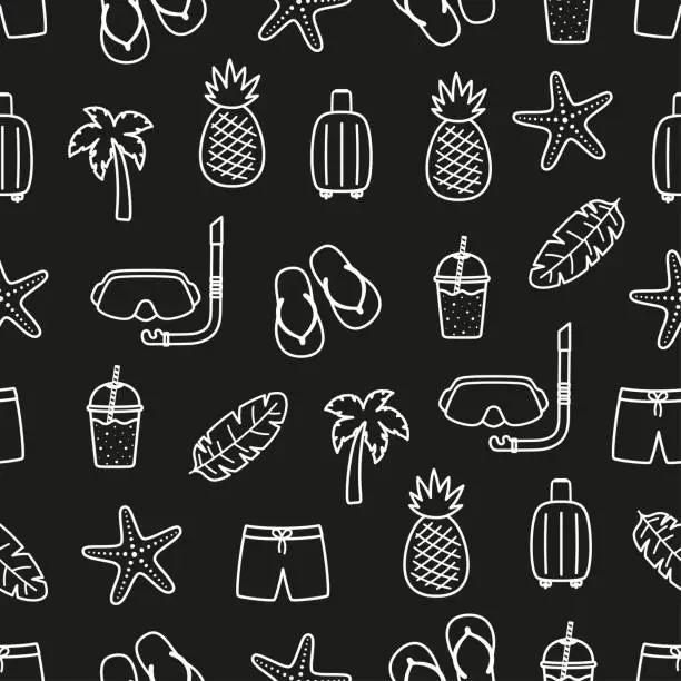 Vector illustration of cartoon seamless pattern with beach elements in contour