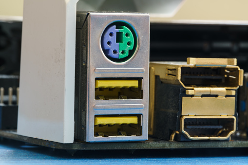 Connectors in the DVB-T TV decoder. A device for receiving digital terrestrial television. Light background.