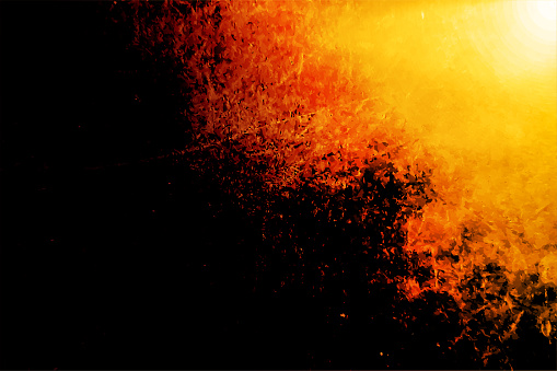 Horizontal artistic vector illustration of an abstract shaped light in the top right corner of a bright orange and black gradient colour gradient vector backgrounds. Looks like oil painting of smoke and fire or flames emerging from the glowing sun towards the right edge of the frame.