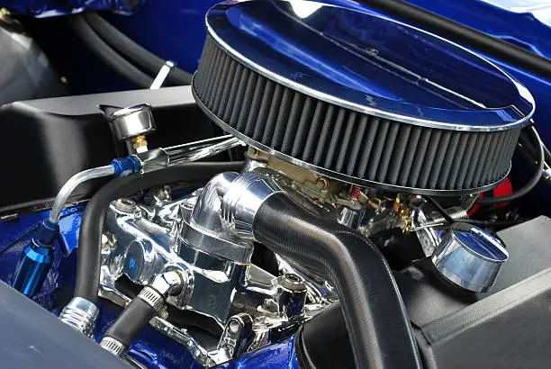 Detail of 1967 blue Chevy Camaro engine.