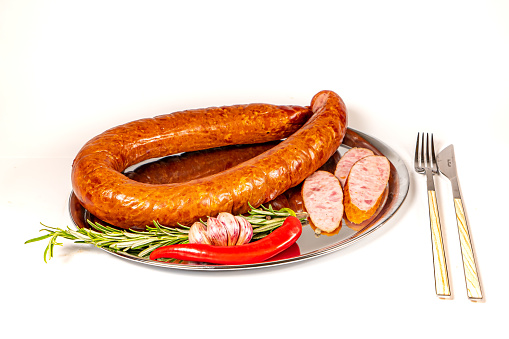 Grilled pork beef sausages, Beer Fest dishes, isolated white background.