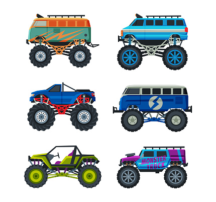 Monster Truck with Four-wheel Steering and Oversized Tires for Competition and Entertainment Vector Set. Modified Pickup Truck for Motocross and Mud Bogging Concept