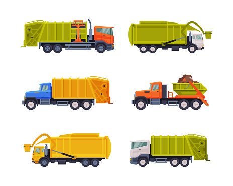 Garbage Truck for Transporting Solid Waste to Recycling Center Vector Set. Refuse Truck or Dustcart as Urban Vehicle for Collecting Rubbish Concept
