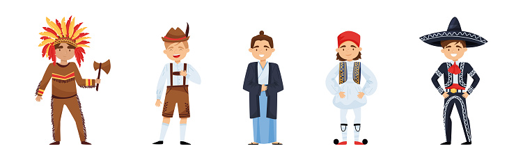 Boy Character Wearing Traditional Ethnic Clothing of Various Countries Vector Set. Young Smiling Male in Authentic Indigenous Costume Representing Different Nationality Concept