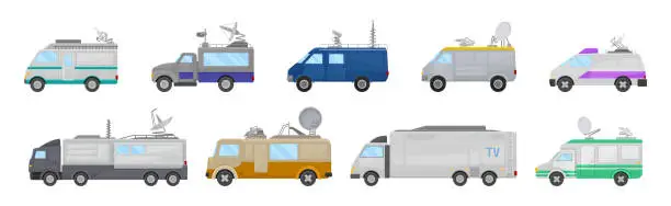 Vector illustration of Broadcasting Car with Satellite Antenna for Reporting News Vector Set