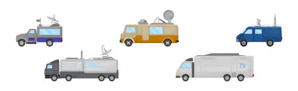 Vector illustration of Broadcasting Car with Satellite Antenna for Reporting News Vector Set